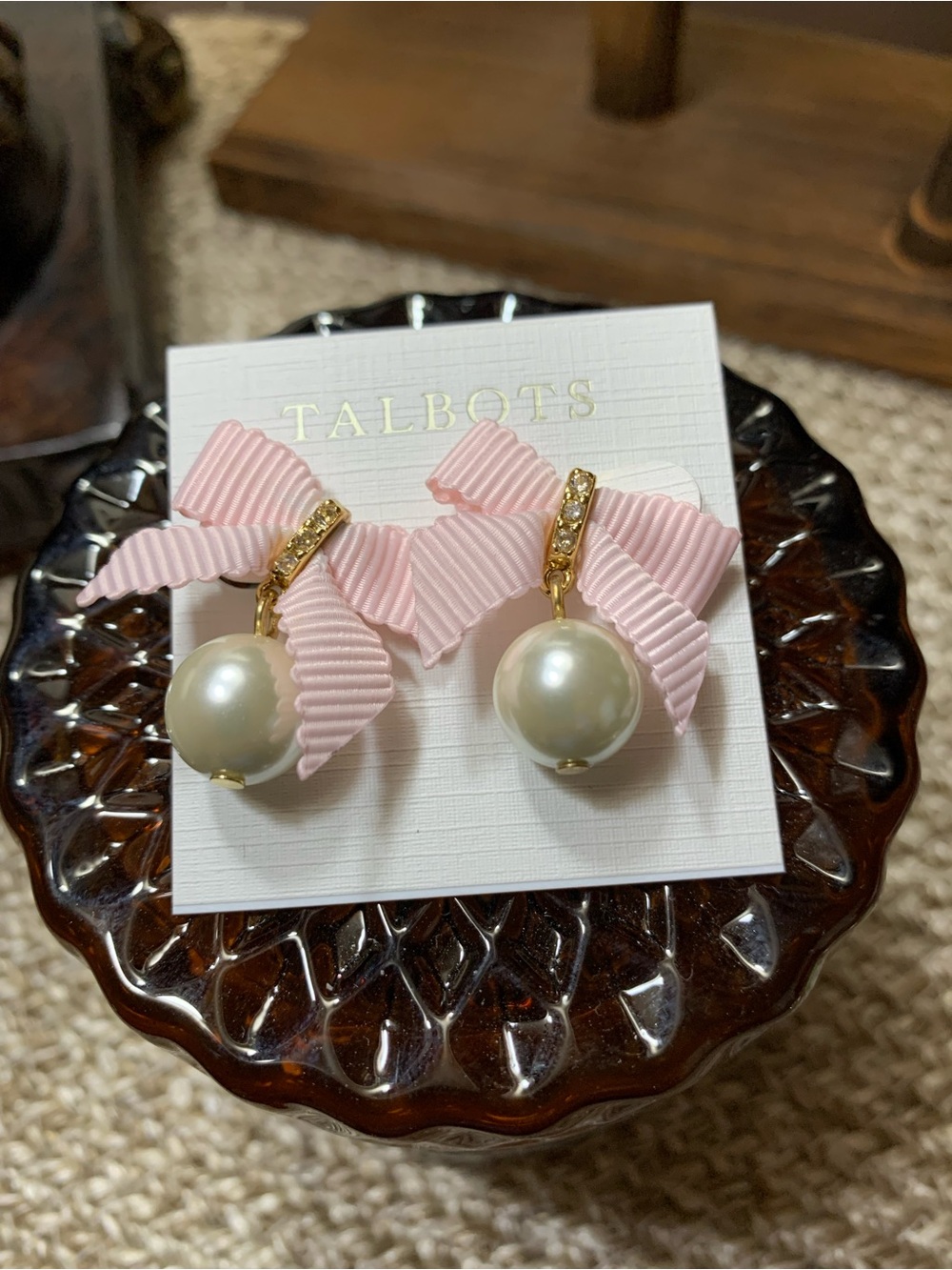 NWT TALBOTS Pearl and Pink Bow Earrings